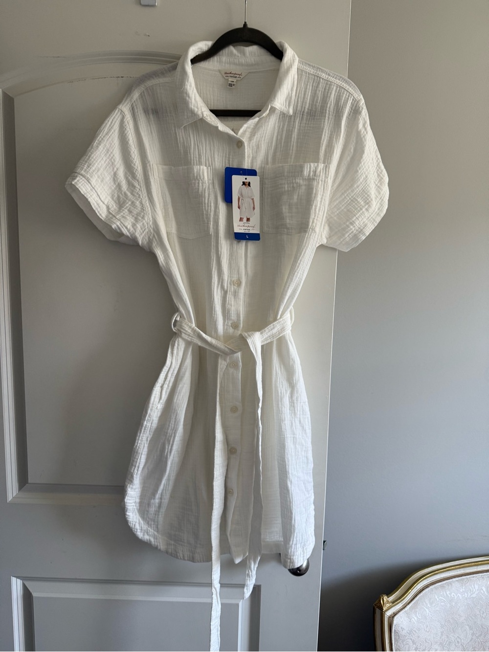 Weatherproof White Button-Front Midi Shirt Dress with Tie Waist